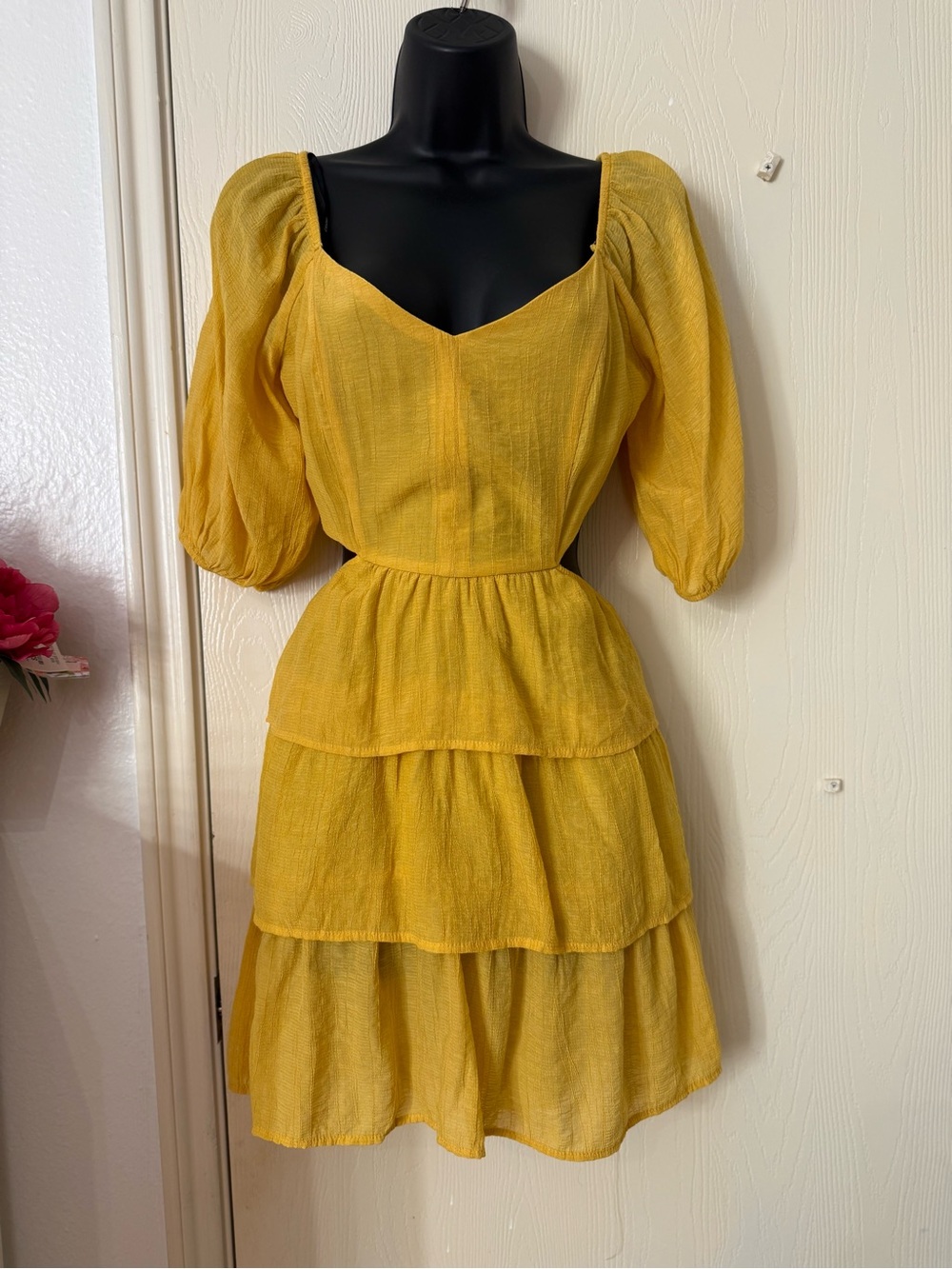 Forever 21 Yellow Tiered Puff-Sleeve Mini Dress